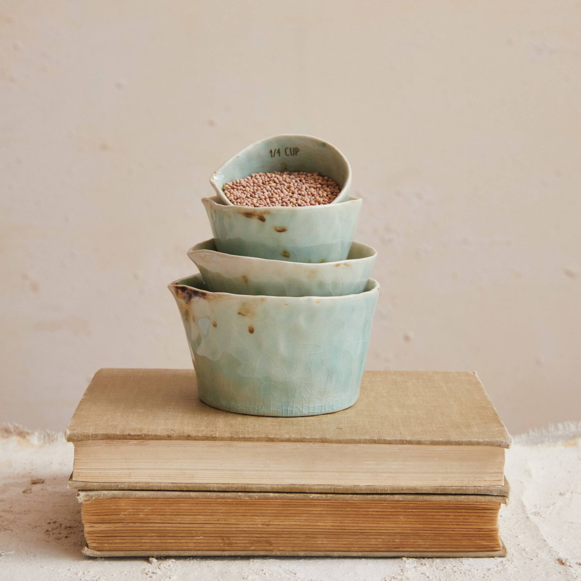 Hello Honey® Green Stoneware Measuring Cups with Reactive Crackle Glaze, 4ct.